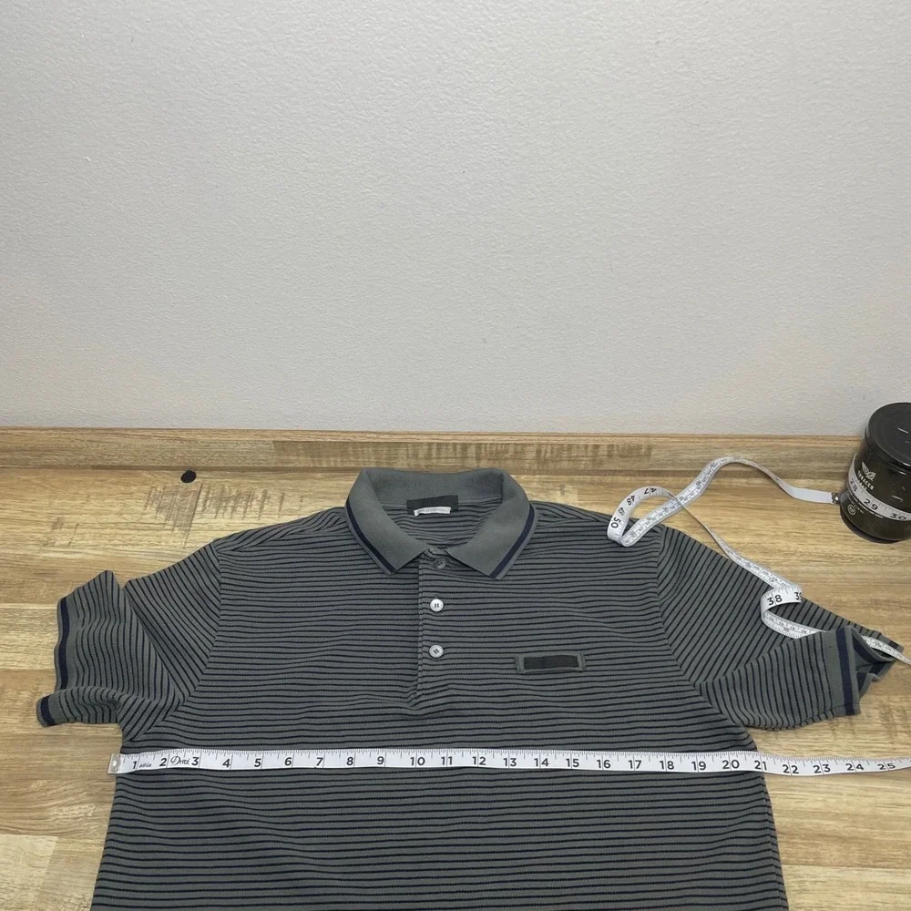 Prada Mens Grey Navy Striped Ribbed Collar Polo Shirt Medium Tipped Pique EUC